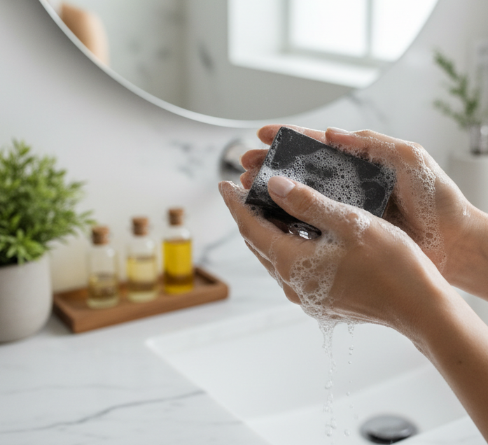 Person holding a soapy black bar of soap with a blurred bathroom background