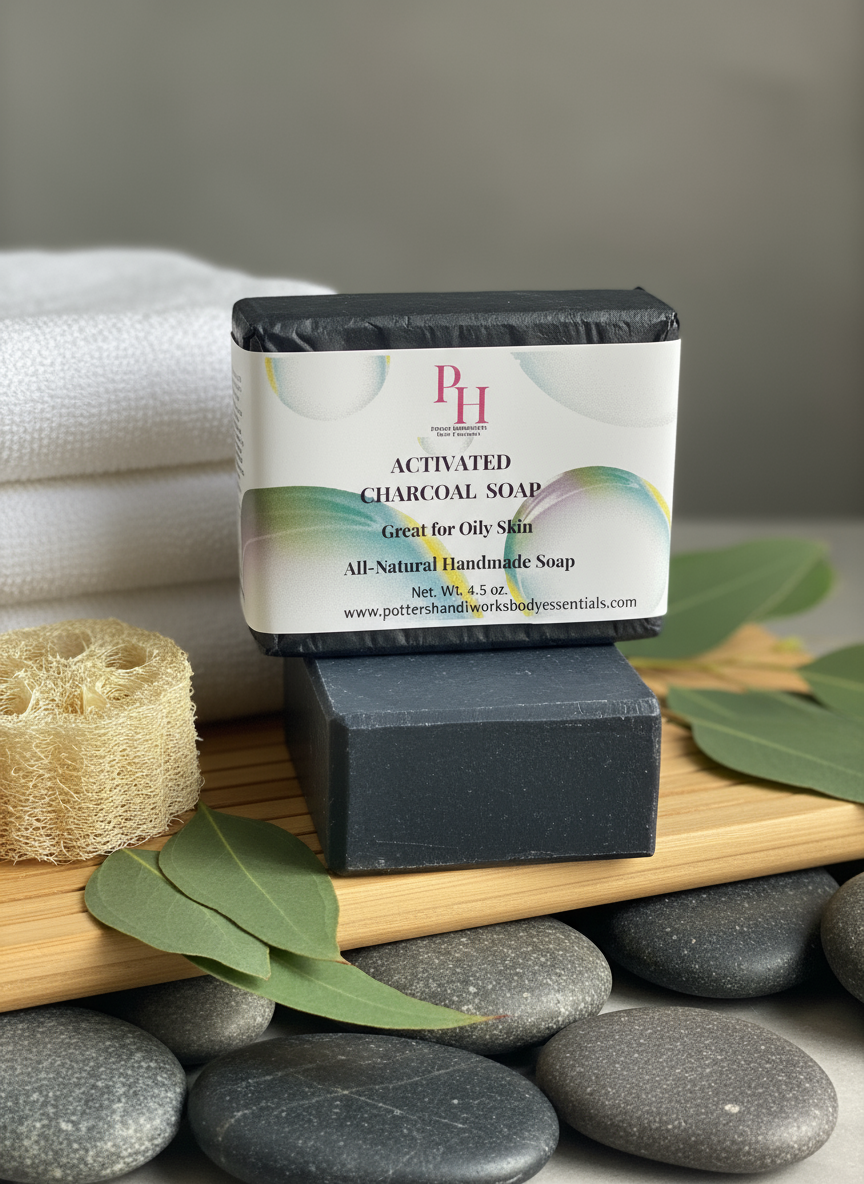 Activated charcoal soap bar with packaging on a wooden board with stones and leaves.